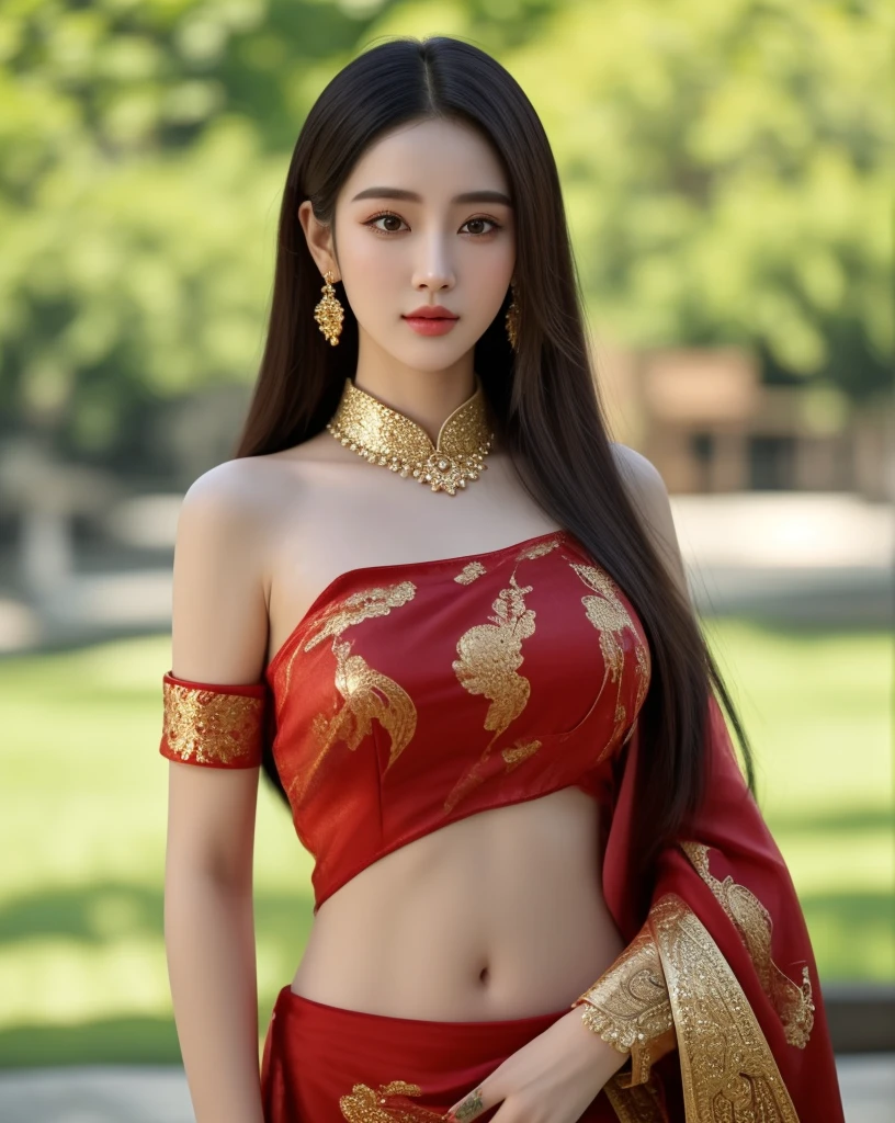 (ผู้หญิงlong hairชาวเอเชียตะวันออกเฉียงใต้ที่มีใบหน้ากลม,,very large breasts,,Chest measurement 36 inches.,)) Warm light, morning sun,  long hair,black eyes,abdominal muscles, The body is beautiful and strong., thick hips, rounded chest, (digital painting, HDR, high contrast), 3d, 8K, 45,000,000 pixcls,Asian girl, Gorgeous Chinese model, jaw-dropping beauty, Attractive, sexy, seductive face and body, A woman in a red dress and gold jewelry poses for a photo., traditional beauty, Sukhothai dress, Southeast Asia that has existed for a long time, traditional chinese, traditional, beautiful oriental woman, traditional tai costume, asian woman, Dilraba Dilmurat, Chinese style, Niwan Chandra, wear red dress, Wear luxurious jewelry., Inspired by Tang Di