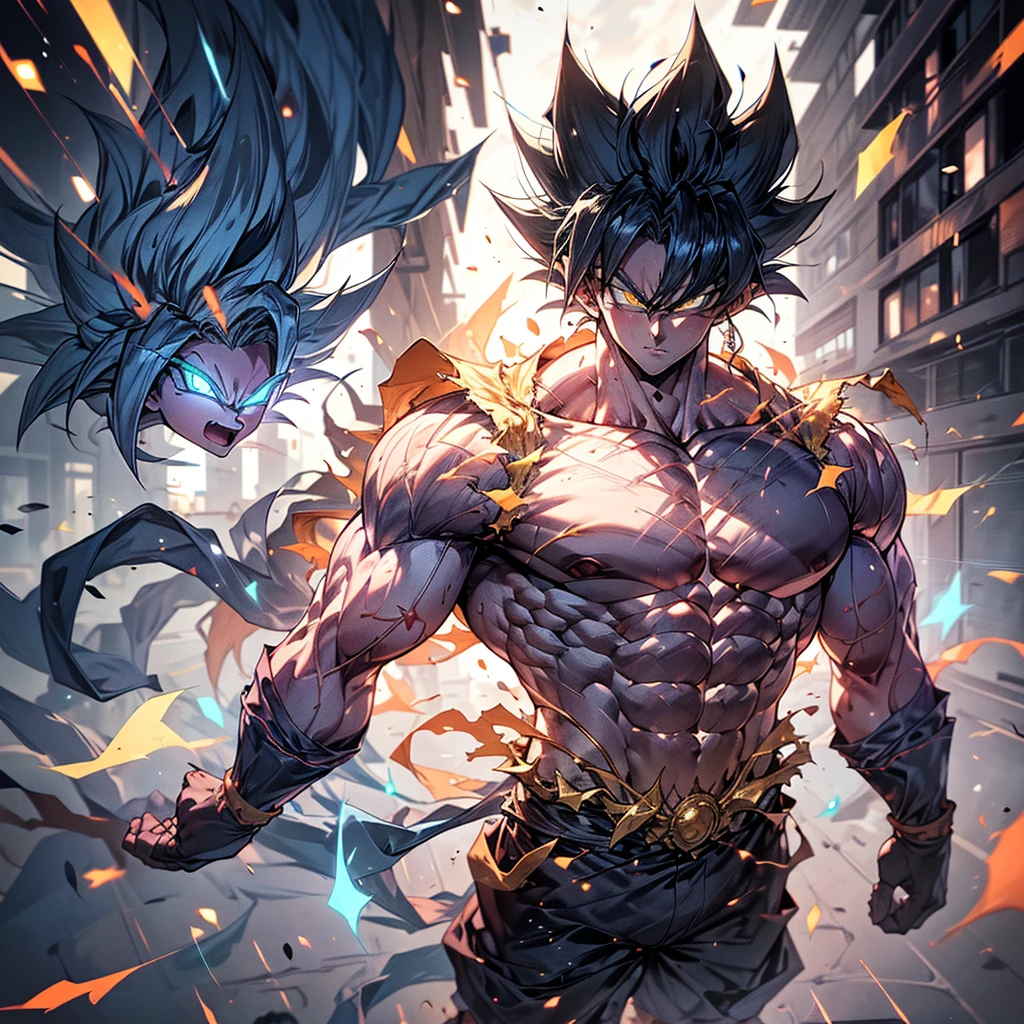 1 boy,((full body:1.2)),(stand),SAIYA,(looking at viewer),(white eye:1.2),super saiyan,(glowing hair:1.2),(urban setting:1.3),(male focus:1.1),(male muscles:1.1),(big muscle:1.1),(pectoral:1.1),(abdominal muscle:1.1),(upper body nudity:1.1), detailed face, detailed muscle.