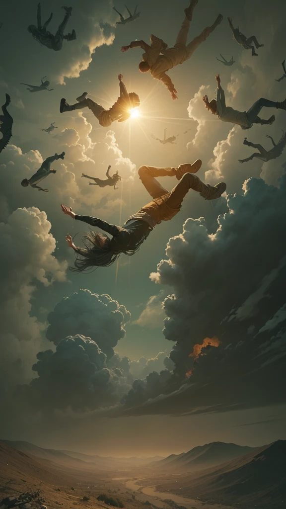 Poster style of The 100 series with people falling from the sky, The one , man falling into the sky, Horizonte bonito