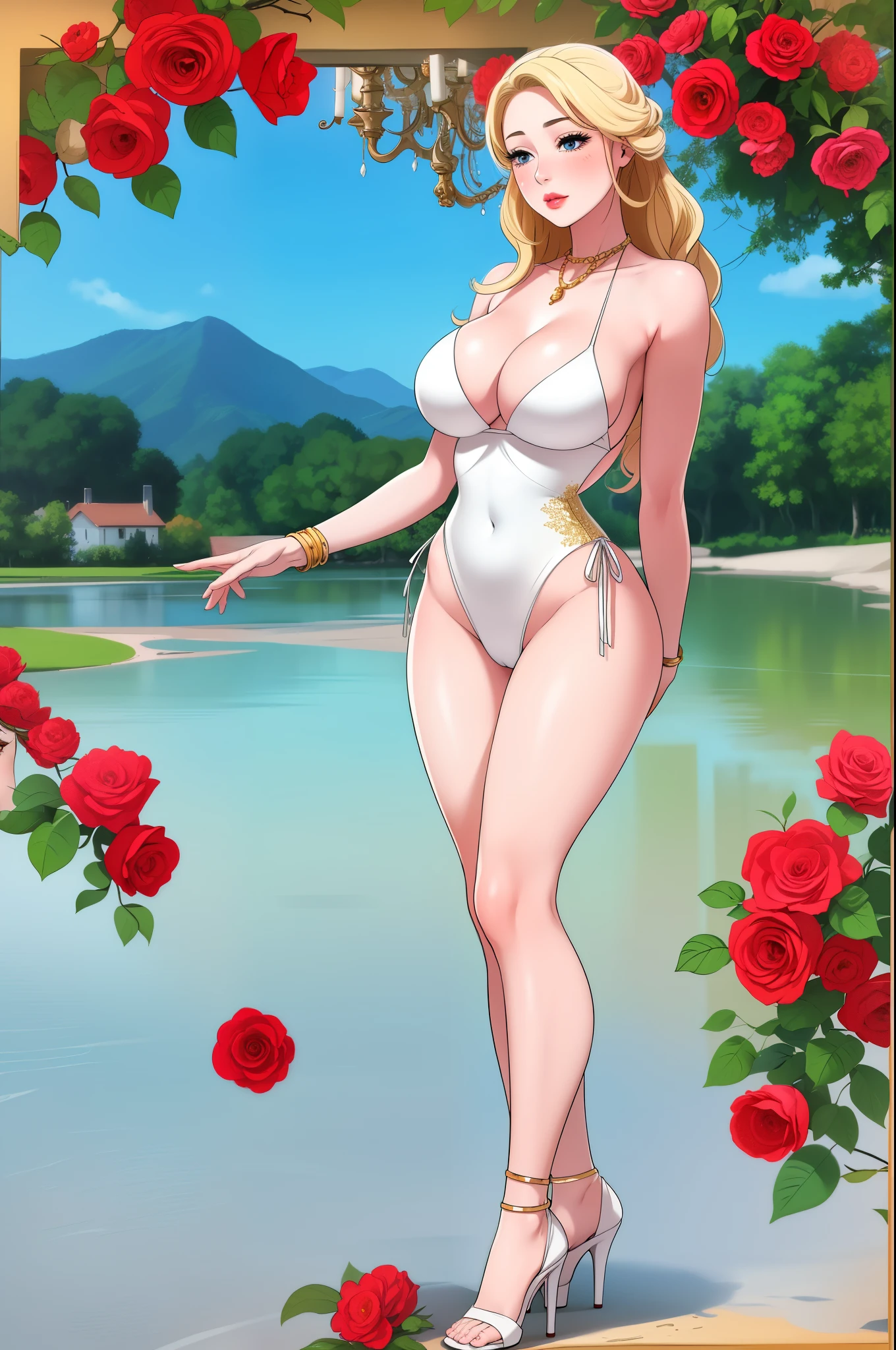 An extremely beautiful stunning busty woman, with gold blonde long silky hair, big blue eyes, extremely super bright snow white fair stunning flawless glowing lush shiny white complexion, flawless skin, a perfect tight hourglass figure, and a skinny waist, sexy thick smooth luscious legs and thighs, extremely cute smile on the face, bright pink blushes on cheeks, wearing a short sexy tight revealing white thread-bikini, yellow heels, gold necklace on the neck, gold anklets on feet, gold chain on the waist, standing straight, holding a red roses bouquet, jungle and lake in the background, show full body from head to feet.