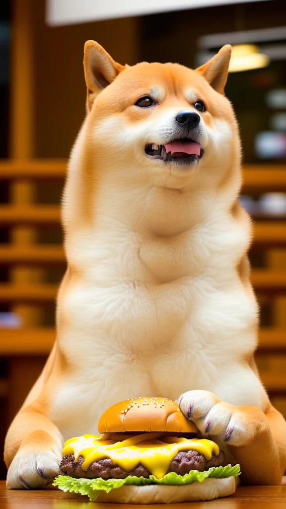 a professional photo of [(((buff Swoledoge))):buff Swoledoge:8], grinning, dog body, eating a large burger in a restaurant, cinematic dramatic light, smooth transition, bokeh