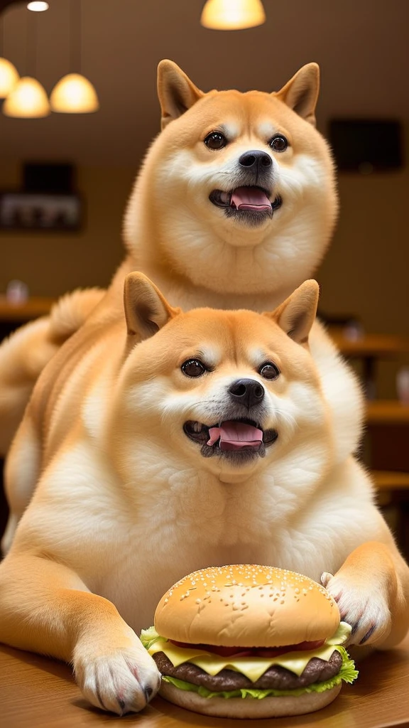 a professional photo of [(((buff Swoledoge))):buff Swoledoge:8], grinning, dog body, eating a large burger in a restaurant, cinematic dramatic light, smooth transition, bokeh