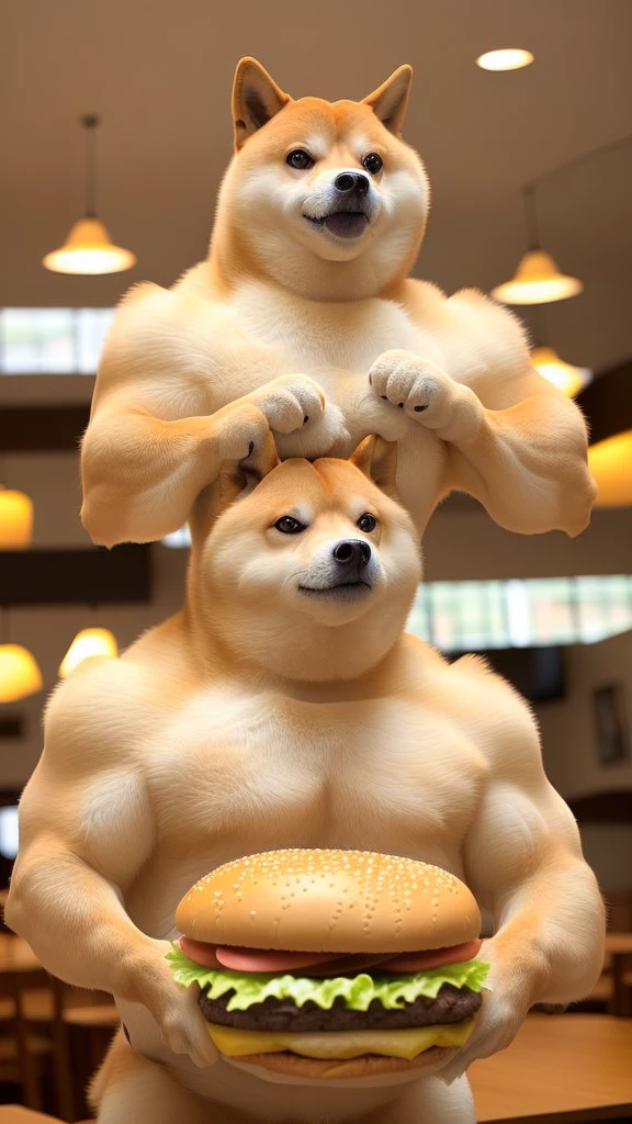 a professional photo of [(((buff Swoledoge))):buff Swoledoge:8], grinning, dog body, eating a large burger in a restaurant, cinematic dramatic light, smooth transition, bokeh