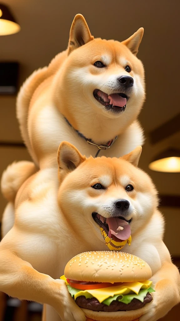 a professional photo of [(((buff Swoledoge))):buff Swoledoge:8], grinning, dog body, eating a large burger in a restaurant, cinematic dramatic light, smooth transition, bokeh