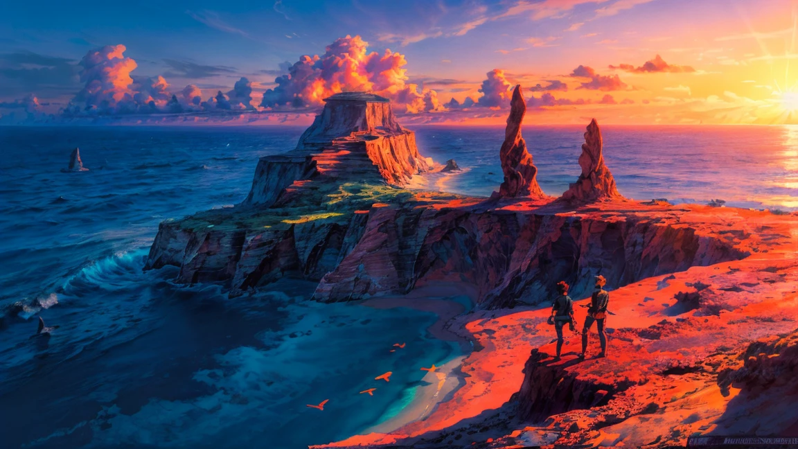 Unmanned Island, ocean, Sunset, sunset, orange, Red, yellow, purple, pink, level, invalid, cloud, water surface, reflection, Waves, beach, Sandy beach, Palm tree, contour, shadow, rock, 奇rock, bird, Oceanbird, Fly Invalid, Quiet, peaceful, The Sound of Waves, The sound of the wind, nature, Spectacular views, Gorgeous, beautiful, Rehabilitation, venture, expedition, Dream, romantic, Secret Area, Heaven, unmanned, , time, horizon, sun, Light, Shadow Art, Compared, Dramatic, Survive, Unmanned IslandLife,beautiful Anime Landscape, landscape painting, Beautiful digital painting, andreas rocha, Beautiful artwork illustration, awesome wallpapers, Raymond Han, tall beautiful painting, Studio Greebly New Ocean Makoto, Beautiful Wallpaper, Anime Landscape