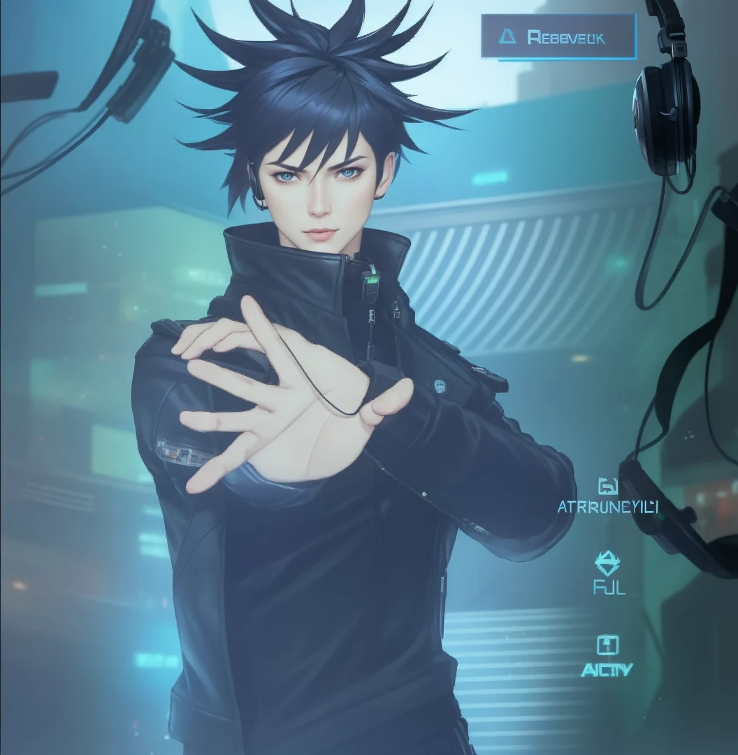 arafed man with a leather jacket and headphones on, hyper-realistic cyberpunk style, portrait of a cyberpunk man, artstation mans aesthetic, cyberpunk dude, cyberpunk style ， hyperrealistic, ross tran style, in cyberpunk style, artwork in the style of guweiz, anton fadeev 8 k, cyber punk setting, ross tran 8 k, cyberpunk character