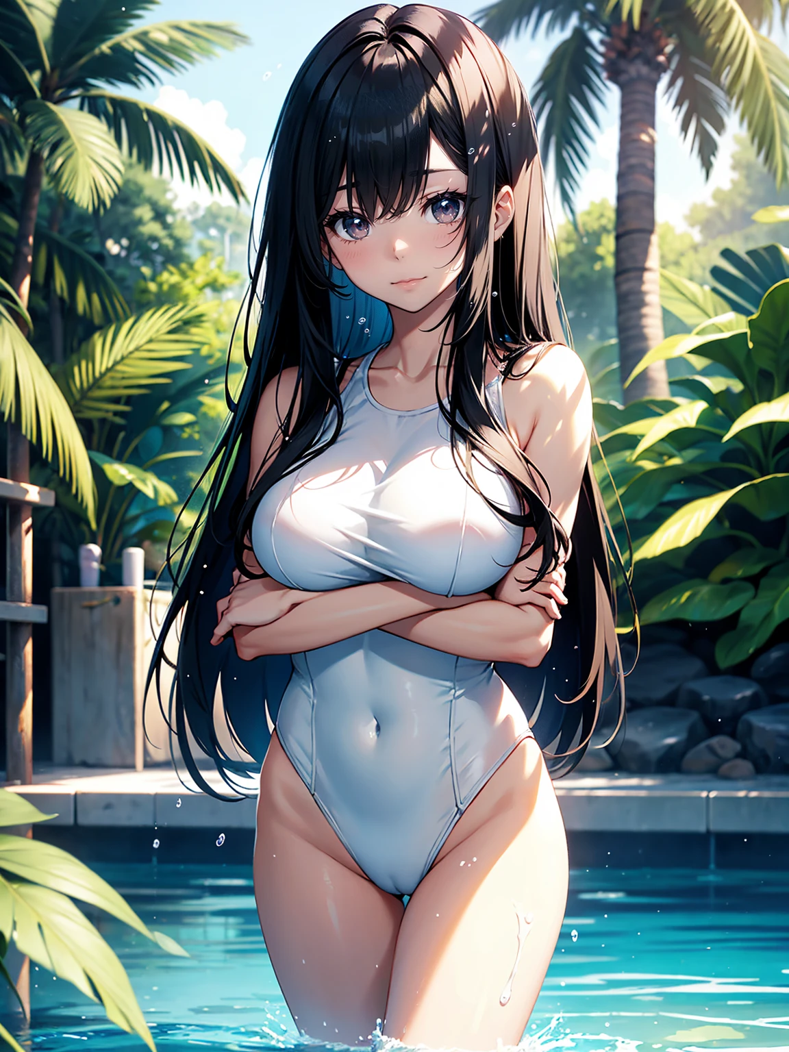 A Japanese beauty with a delicate and beautiful face, large eyes, and clear black straight hair, wearing a white bathing suit, standing by the pool. A gentle warm light surrounds the beautiful woman. The background is filled with soft out-of-focus sunlight and the splashing water creates a dreamy, alluring atmosphere. Glowing sweat surrounds the beautiful woman, adding to the bright atmosphere. 20 years old