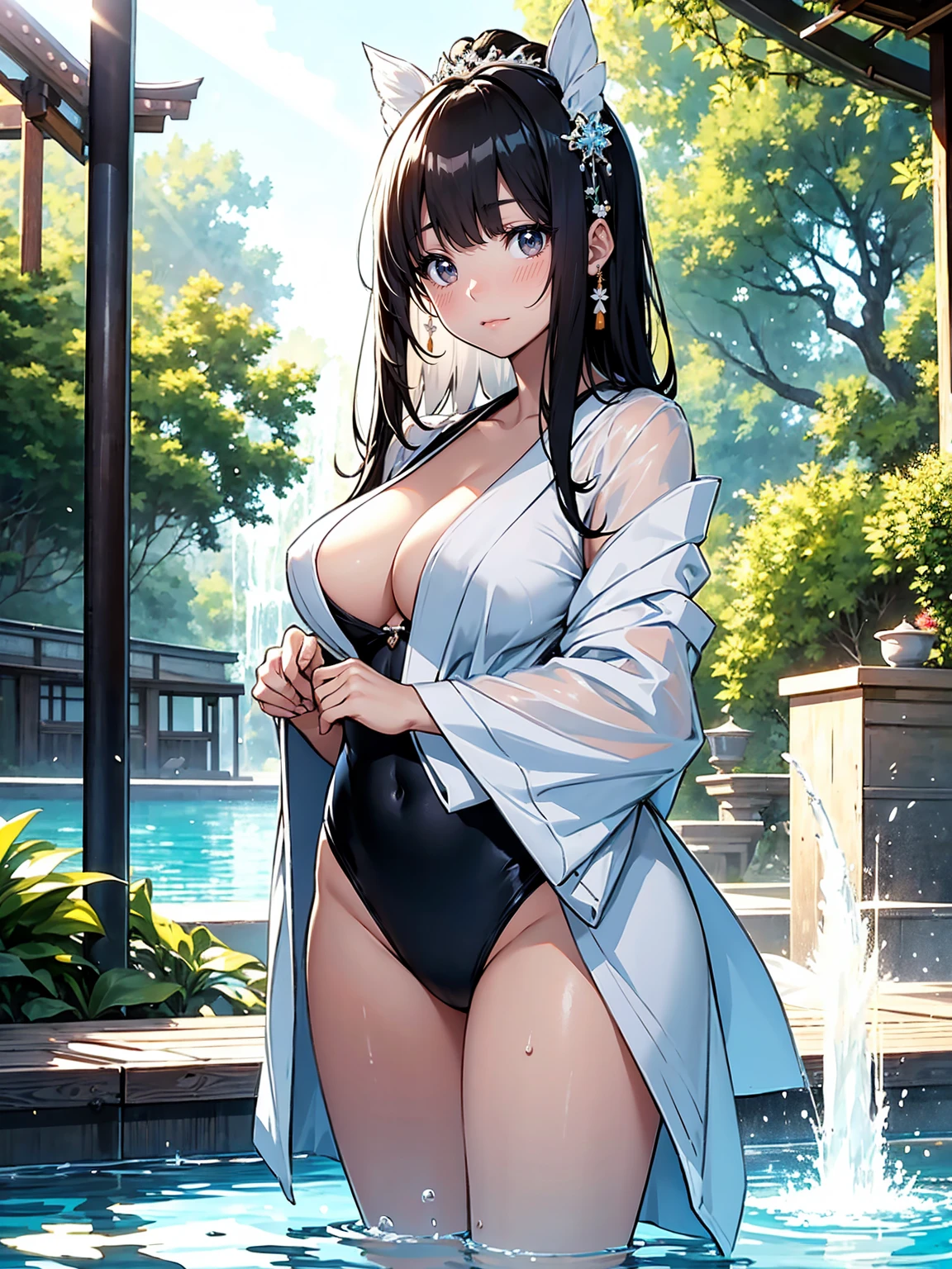 A Japanese princess with a delicate, beautiful face, large eyes, and clear black straight hair, wearing a white bathing suit, standing by the pool. A gentle warm light surrounds the princess. The background is filled with soft out-of-focus sunlight and the splashing water creates a dreamy, alluring atmosphere. Glowing sweat surrounds the princess, adding to the bright atmosphere. 20 years old.