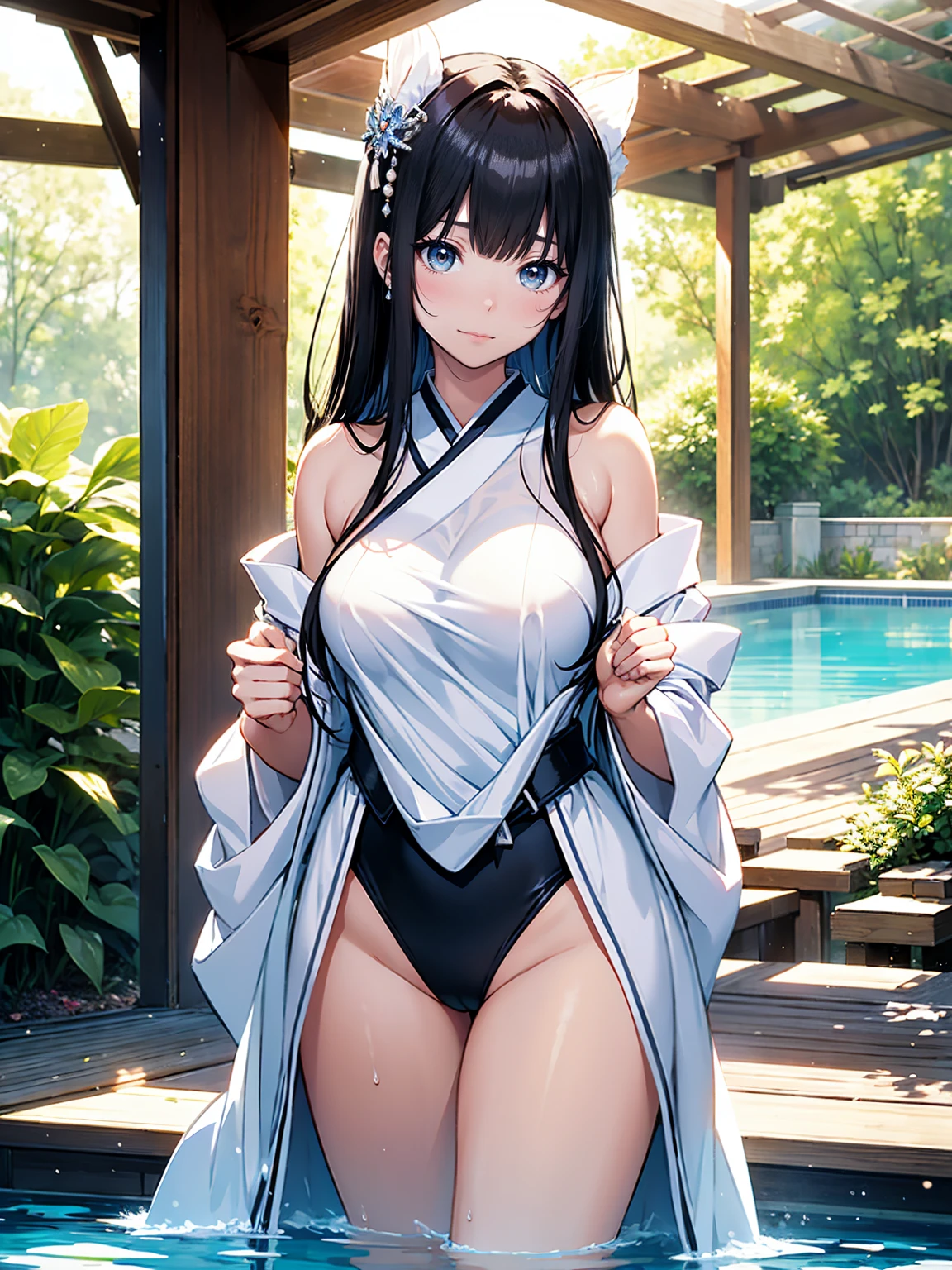 A Japanese princess with a delicate, beautiful face, large eyes, and clear black straight hair, wearing a white bathing suit, standing by the pool. A gentle warm light surrounds the princess. The background is filled with soft out-of-focus sunlight and the splashing water creates a dreamy, alluring atmosphere. Glowing sweat surrounds the princess, adding to the bright atmosphere. 20 years old.