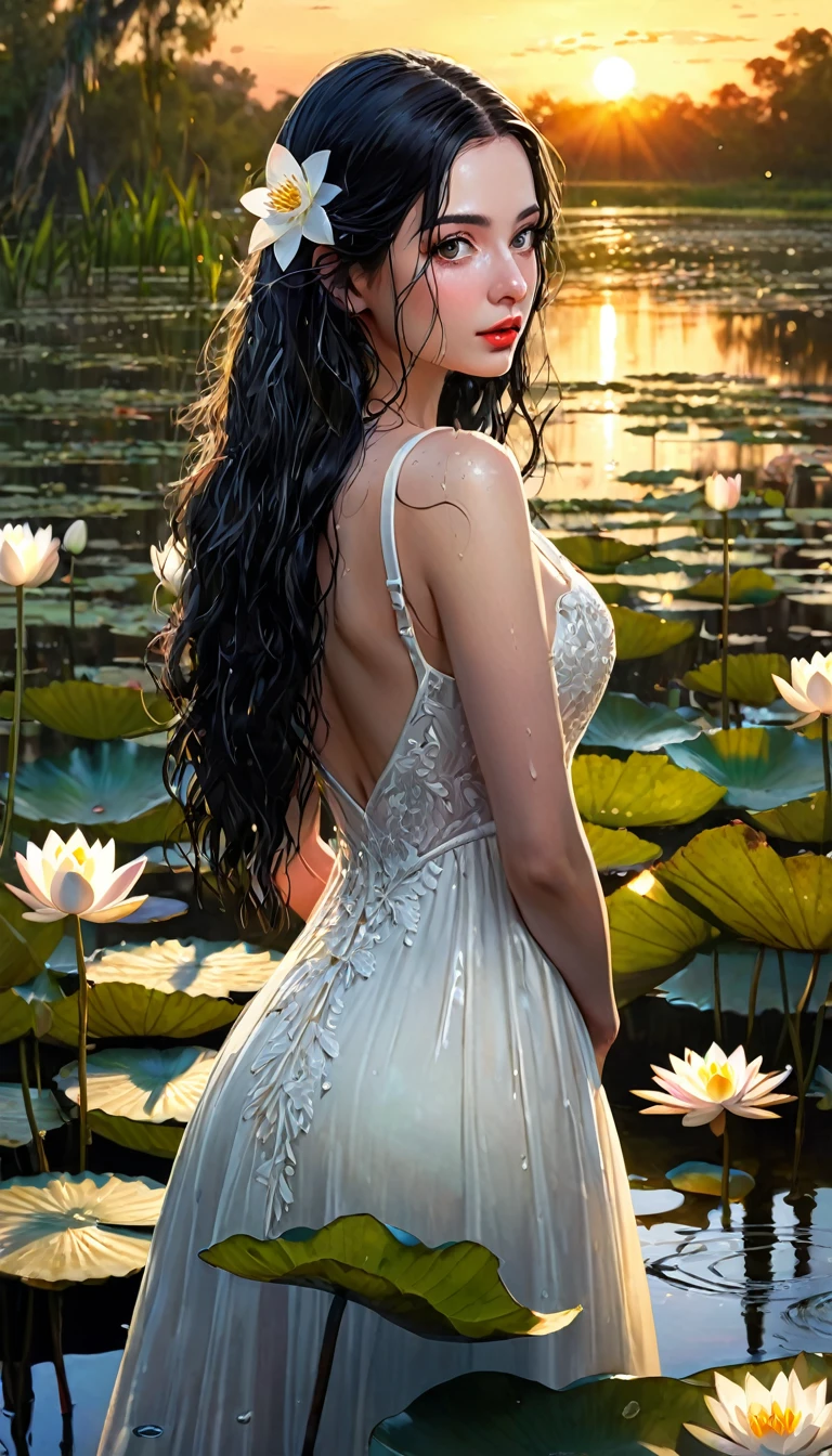 a sexy woman with long black hair, beautiful detailed eyes, beautiful detailed lips, extremely detailed eyes and face, long eyelashes, her pet mouse, standing in a swamp with water lilies, wet white dress, smelling the flowers of a tree, great landscape, sunset, (best quality,4k,8k,highres,masterpiece:1.2),ultra-detailed,(realistic,photorealistic,photo-realistic:1.37),HDR,UHD,studio lighting,ultra-fine painting,sharp focus,physically-based rendering,extreme detail description,professional,vivid colors,bokeh,photo (art inspired in Bill Sienkiewicz).
