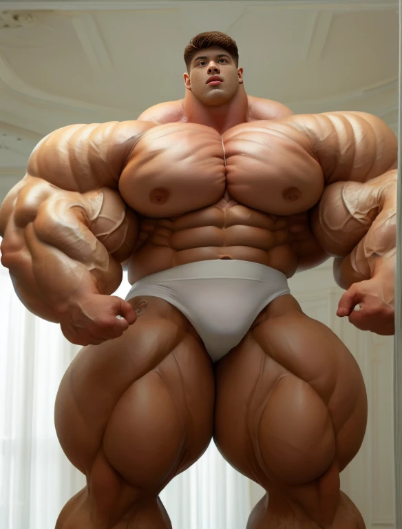 1boy, giant, alone, giant bodybuilder, illuminating light, strong body, bulk, large size, standing in white room photo studio, indoor, nude, white triangular underwear, thick bulge, scratch his bulge, extraordinary big, brutalmass, giant muscular body, bulk, buff, massive body, large meaty body size, extremely wide body