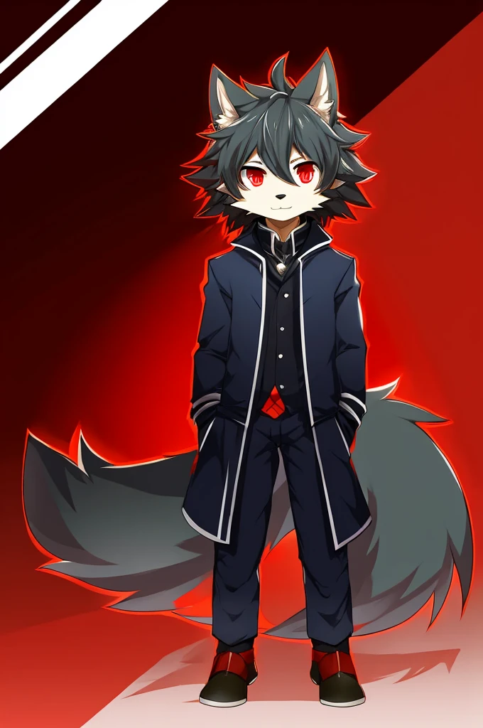 Wolf、Handsome、Messy Hair、Red eyes、Character portrait、Front view、stylish、Full body view、From head to toe、Round eyes