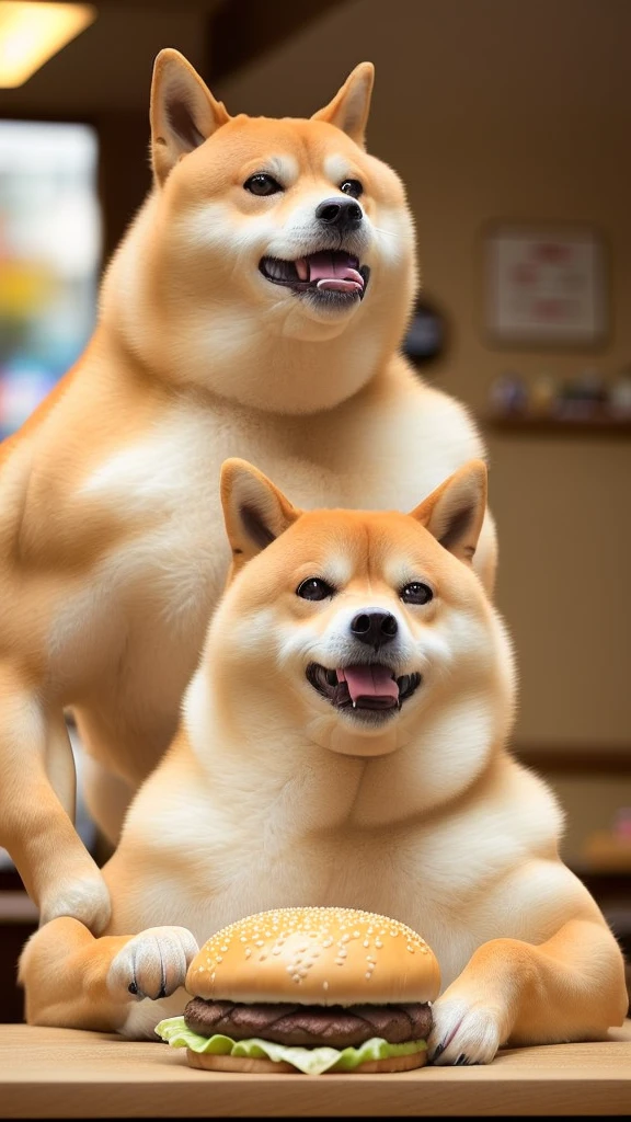 a professional photo of [(((buff Swoledoge))):buff Swoledoge:8], grinning, dog body, eating a large burger in a restaurant, cinematic dramatic light, smooth transition, bokeh