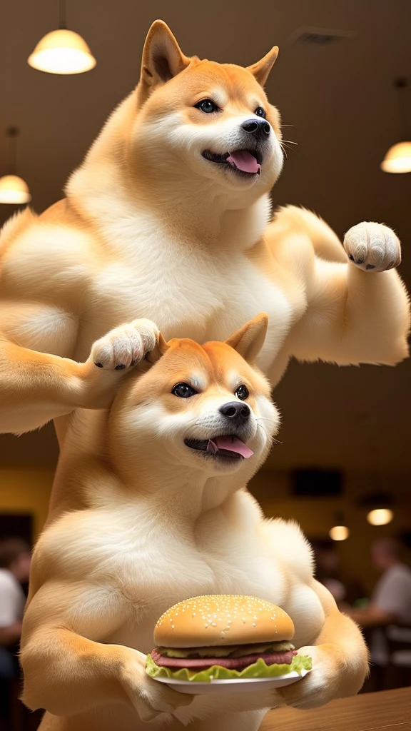 a professional photo of [(((buff Swoledoge))):buff Swoledoge:8], grinning, dog body, eating a large burger in a restaurant, cinematic dramatic light, smooth transition, bokeh