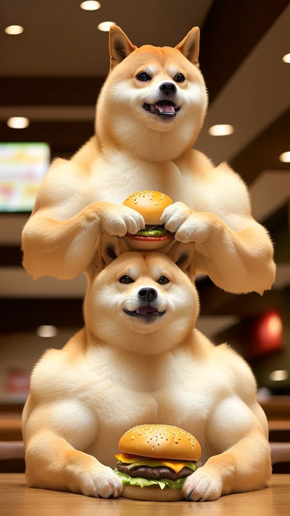 a professional photo of [(((buff Swoledoge))):buff Swoledoge:8], grinning, dog body, eating a large burger in a restaurant, cinematic dramatic light, smooth transition, bokeh