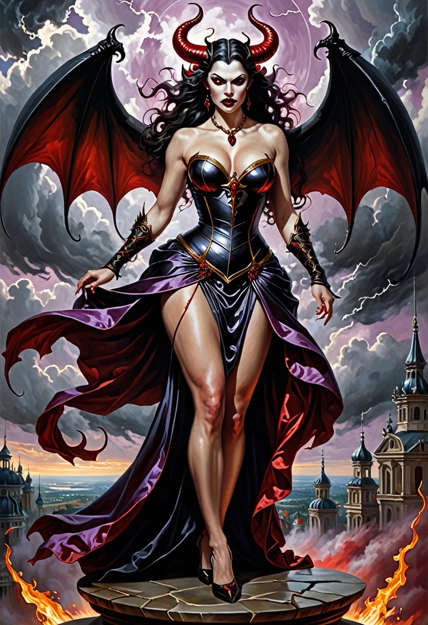 Paint a large-scale oil painting depicting a powerful, voluptuous demoness queen giantess in a dramatic Baroque style. The giantess should have an exaggerated hourglass figure with full, fleshy curves and a heavy, muscular physique. She should be posed in a dynamic, twisting contrapposto stance, with one leg bent and her weight shifted to the side.
The demoness queen should be adorned with dark, demonic features like horns, claws, and glowing red eyes. Her skin should have a pale, ghostly pallor. Dress her in minimal, tattered clothing that accentuates her curves, like a torn, flowing dress or loincloth.
Set the scene in a dark, moody landscape with a stormy sky. Have the giantess towering over the viewer, looking down with a haughty, imperious expression. Surround her with smaller, terrified human figures cowering at her feet.
Use bold, energetic brushstrokes and a rich, vibrant color palette of deep reds, purples, and blacks to create a dramatic, sensual atmosphere. Emphasize the giantess's voluptuous flesh tones and the interplay of light and shadow across her body.
Channel Rubens' signature Baroque style with dynamic movement, exaggerated poses, and a focus on the beauty and power of the female form. Aim to create a striking, memorable image that captures the demoness queen's awe-inspiring size and dominating presence.