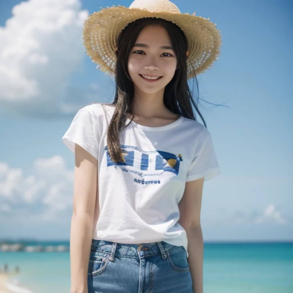 Japanese、18-year-old、Very slim、((Smiling))、Summer clothing、Blue sky、White cloud、sunflower、Straw hat、T-Shirts、Shorts