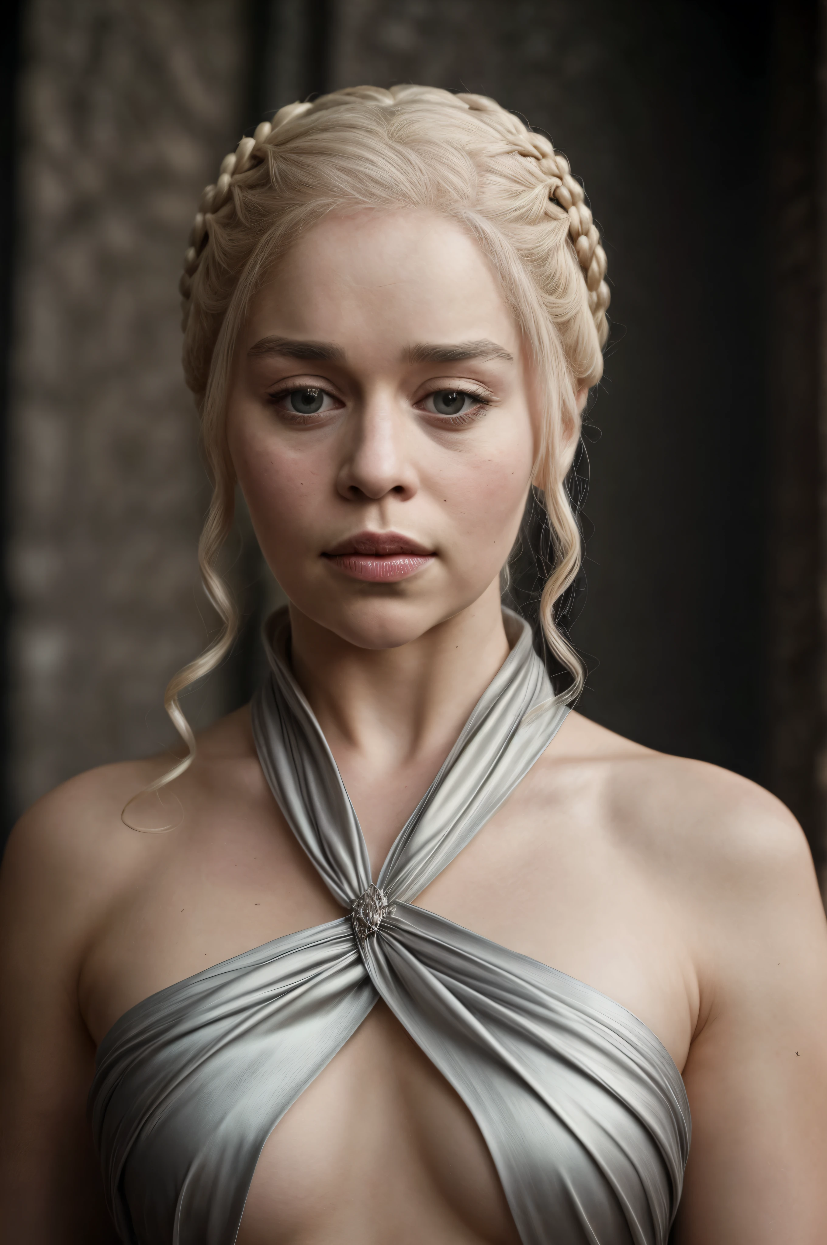 masterpiece, stunning portrait photo of khls woman, sleeveless, erotic costumes, sensual satin dress, game of thrones inspired costumes,