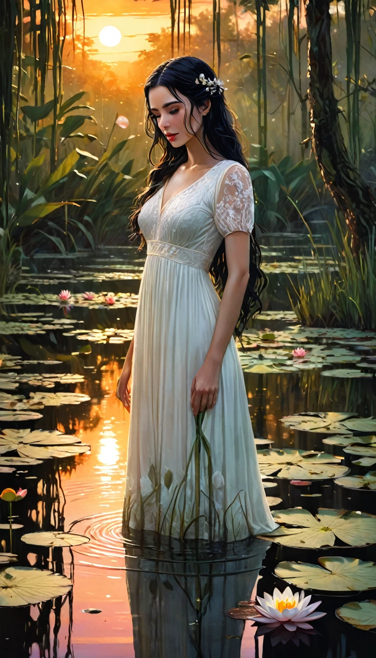 a beautiful woman with long black hair, a pet mouse, standing in a swamp with water lilies, wearing a wet white dress, smelling the flowers of a tree, sunset landscape, (best quality,4k,8k,highres,masterpiece:1.2),ultra-detailed,(realistic,photorealistic,photo-realistic:1.37),extremely detailed face and eyes,high quality portrait,realistic portrait,dramatic lighting,moody atmosphere,cinematic,intricate details,lush foliage,reflective water,warm color palette,glowing sunset (art inspired in Bill Sienkiewicz).