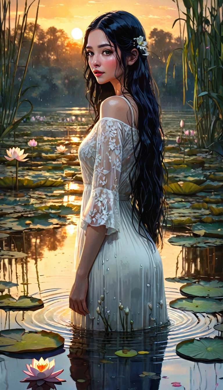 a beautiful woman with long black hair, a pet mouse, standing in a swamp with water lilies, wearing a wet white dress, smelling the flowers of a tree, sunset landscape, (best quality,4k,8k,highres,masterpiece:1.2),ultra-detailed,(realistic,photorealistic,photo-realistic:1.37),extremely detailed face and eyes,high quality portrait,realistic portrait,dramatic lighting,moody atmosphere,cinematic,intricate details,lush foliage,reflective water,warm color palette,glowing sunset (art inspired in Bill Sienkiewicz).