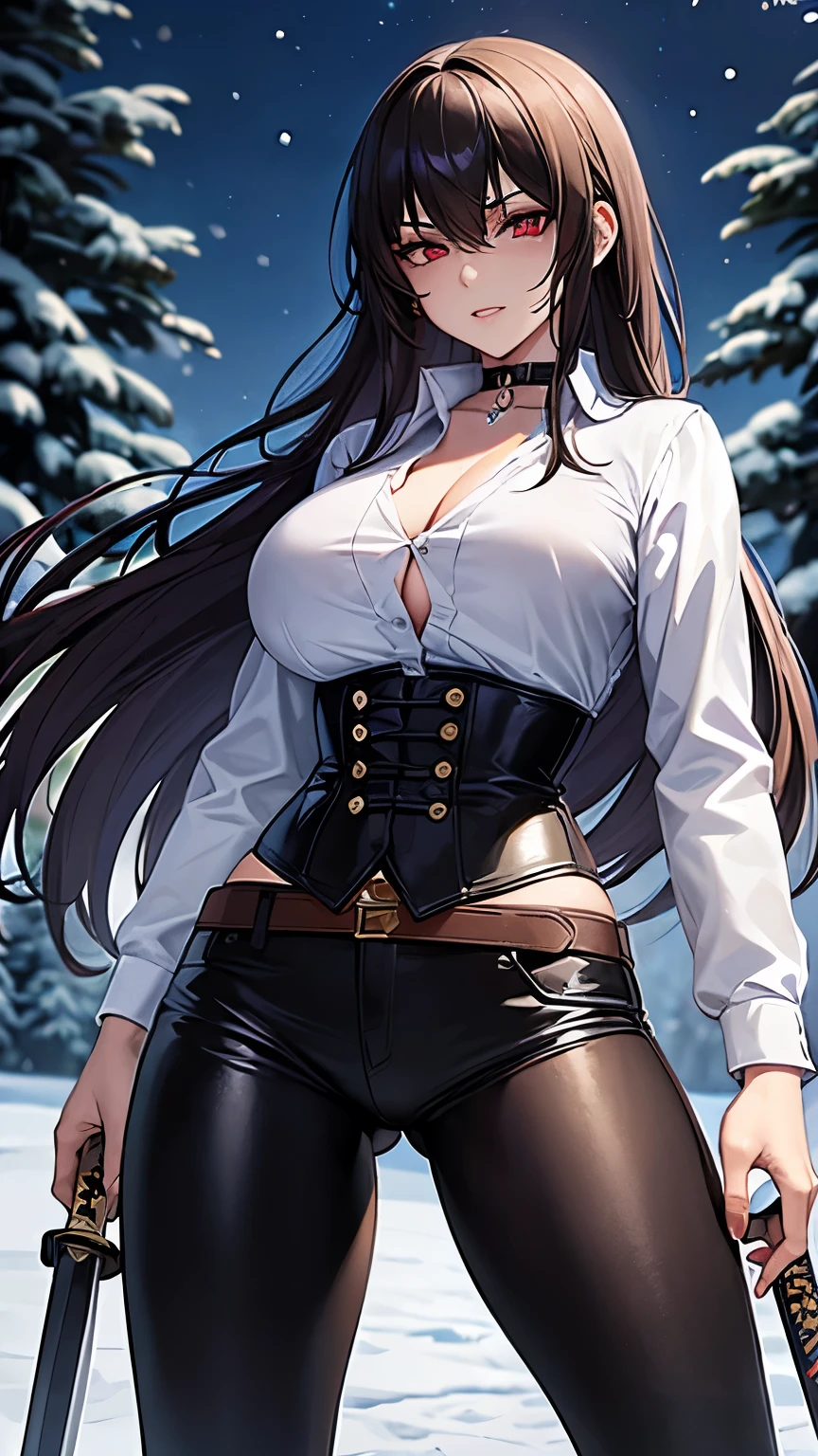 1 woman, woman fighting two zombies, High school girl swordsman, holds a katana in his right hand, long black hair, beautiful eyes, detailed eyes, Red eyes, choker:1.6, captivating look, wearing a white long-sleeved button-down shirt, belt、leather　Brown　corset　chain, golden decoration、leather　濃いBrown, big breasts, shiny black tight leggings, Snowy forest, snow night, Dark, Moonlight, absurd, high resolution, ultra-sharp, 8k, Masterpiece, front view, looking at the viewer