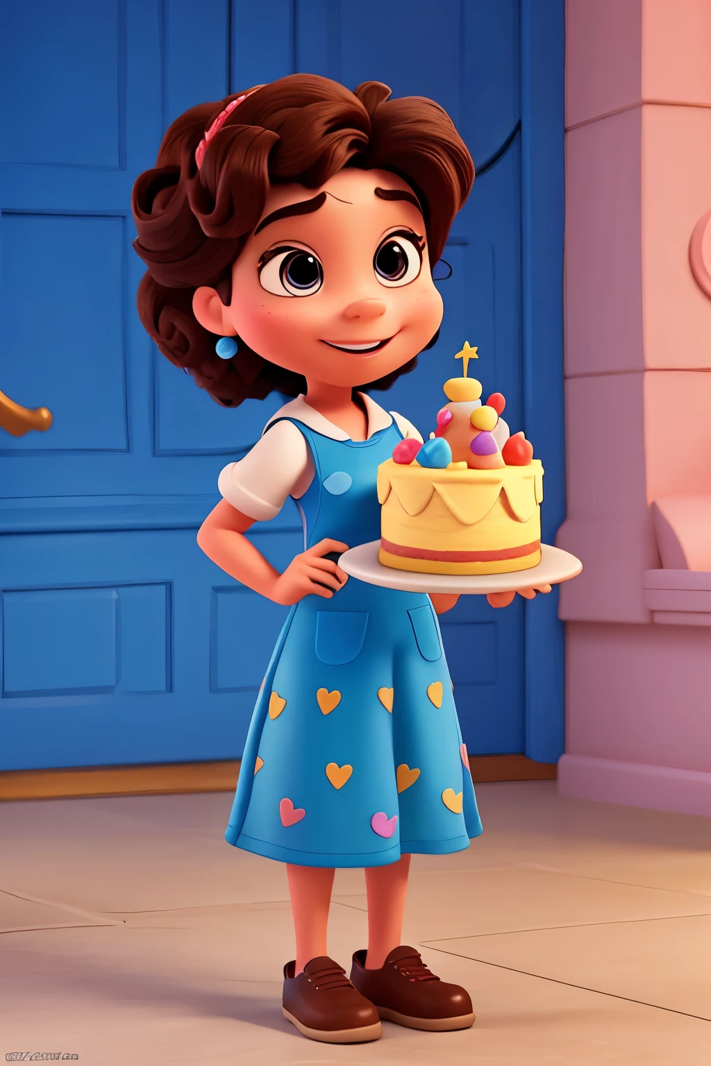 Fun Disney Pixar 3d style character with cake in hand 