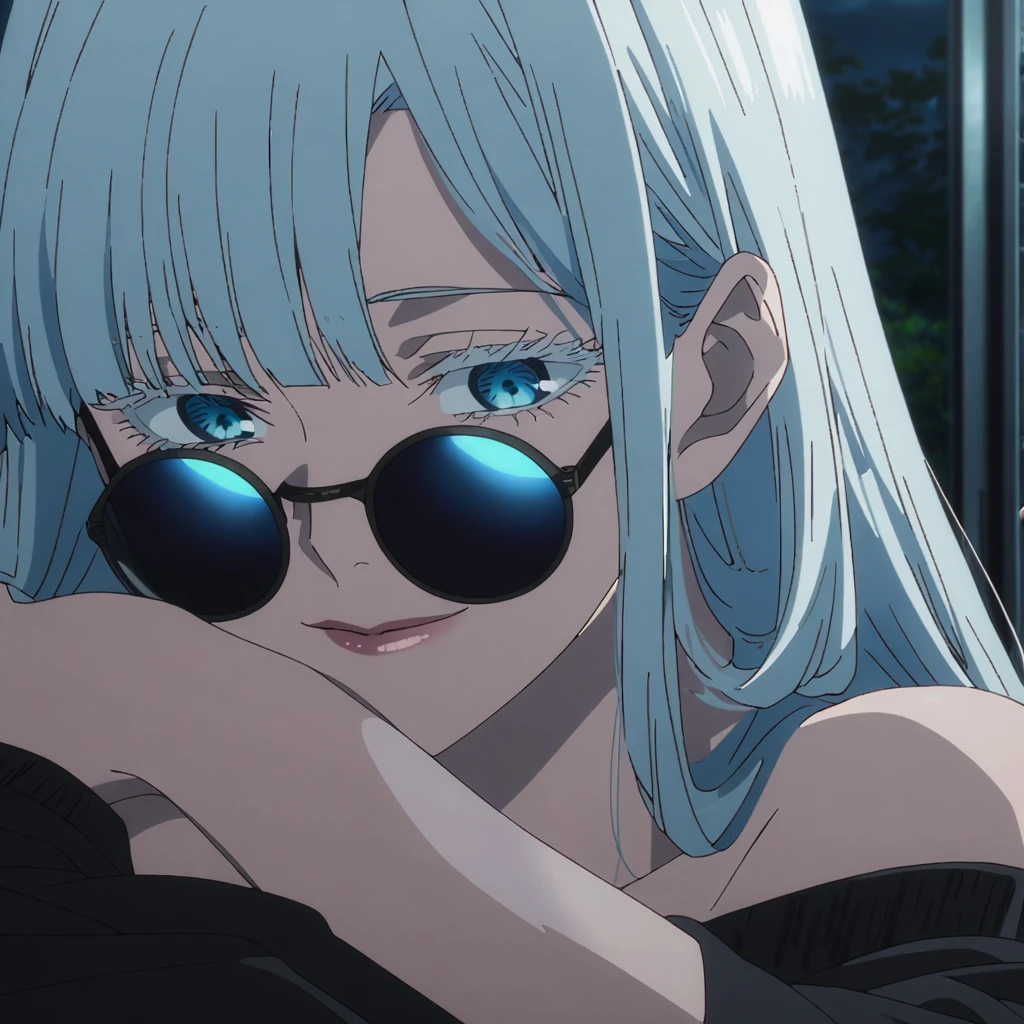 1girl, female gojo satoru, anime screencap from jujutsu kaisen, gojo satoru female version, solo, very long_hair, ((smooth texture hair)) blue eyes, ((white eyelashes)), ((very long white_hair)), night view, breasts, upper_body, smile, indoors, book, bangs, blue_eyes, lips, (wearing round sunglasses) ((Side bangs framing her face)) wearing black color sweater off the shoulder, breast, "very detailed and high resolution" (blue eyes) ((cross arms)) ((smooth texture hair)) ((solo)) ((high resolution)) ((upper body)) (Good quality)