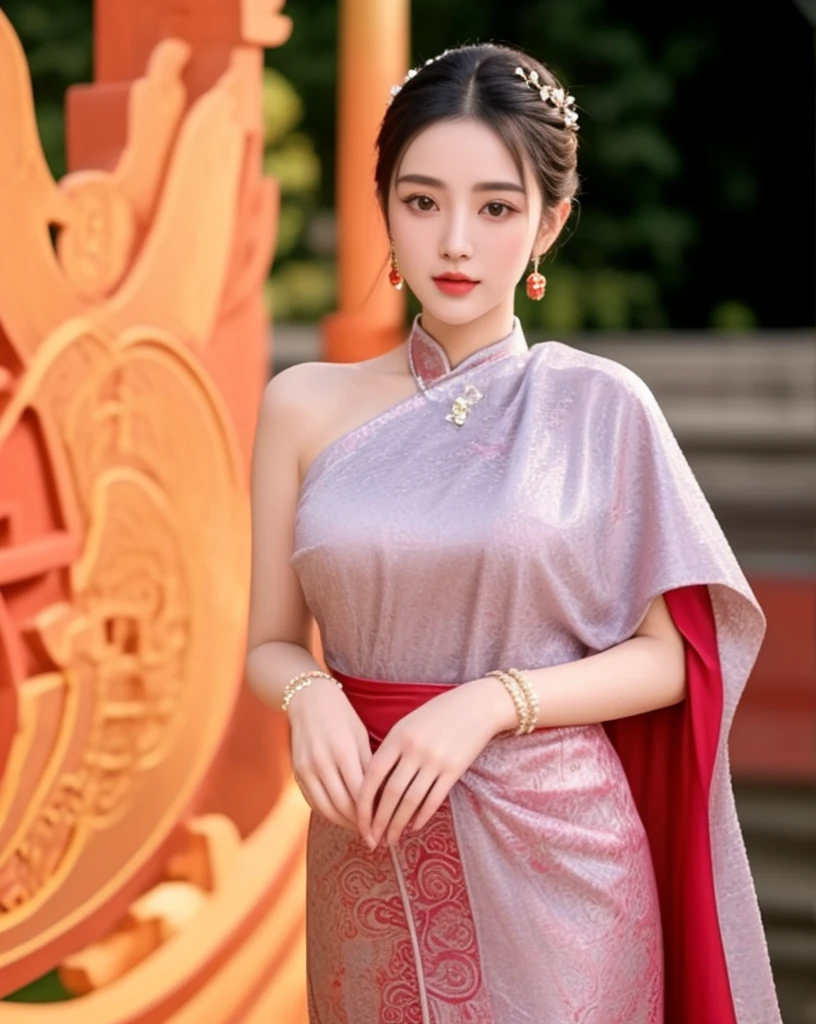 (ผู้หญิงlong hairชาวเอเชียตะวันออกเฉียงใต้ที่มีใบหน้ากลม,,very large breasts,,Chest measurement 36 inches.,)) Warm light, morning sun, long hair,black eyes,abdominal muscles, The body is beautiful and strong., thick hips, rounded chest, (digital painting, HDR, high contrast), 3d, 8K, 45,000,000 pixcls,Asian girl, Gorgeous Chinese model, jaw-dropping beauty, Attractive, sexy, seductive face and body, A woman in a red dress and gold jewelry poses for a photo., traditional beauty, Sukhothai dress, Southeast Asia that has existed for a long time, traditional chinese, traditional, beautiful oriental woman, traditional tai costume, asian woman, Dilraba Dilmurat, Chinese style, Niwan Chandra, wear red dress, Wear luxurious jewelry., Inspired by Tang Di