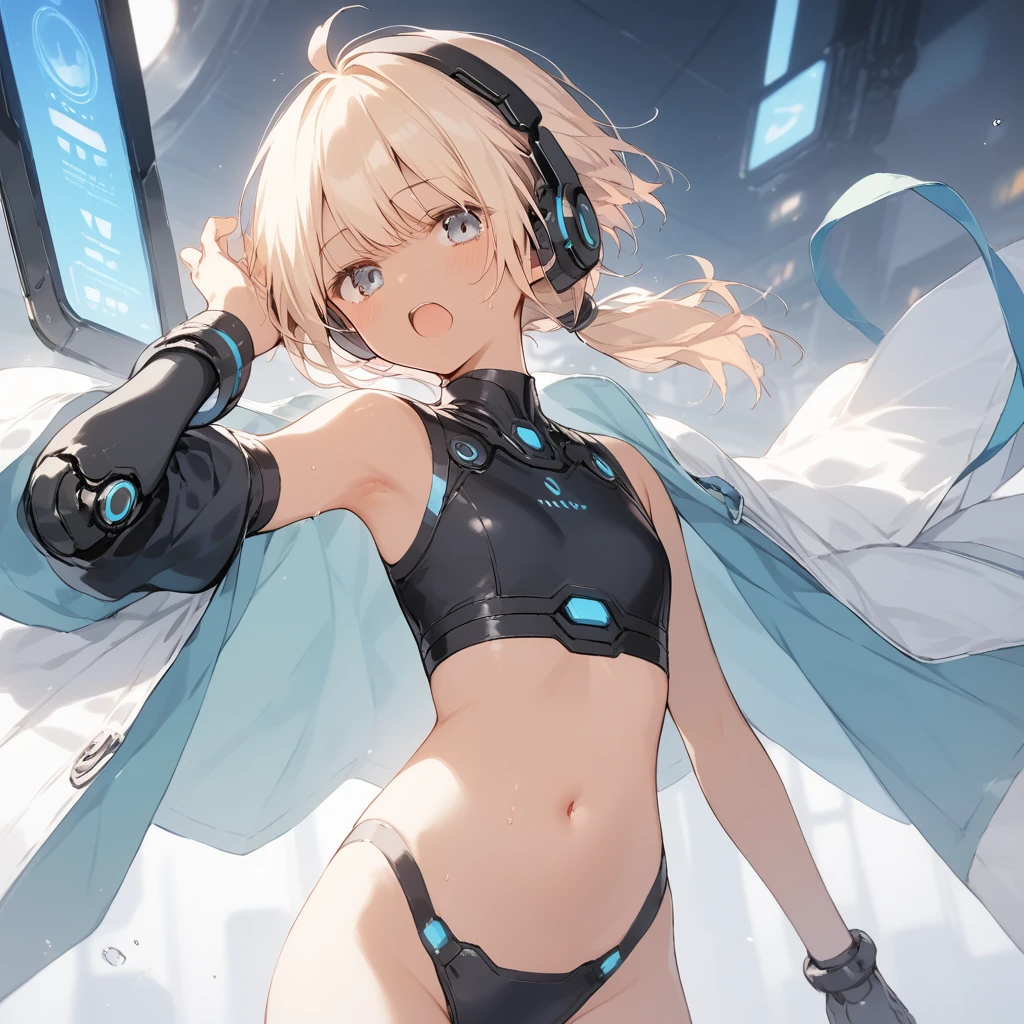 score_9, score_8_up, score_7_up, source_anime, best quality, masterpiece, official art, absurdres, highres, ultra-detailed,waifu2x,Collection: Slice of Life,break,1girl, cyborg girl, briliant azure eyes, 16yo, crop top cyborg armor, futuristic headset, futuristic tech, mindcontrol device installed on head, yes covered with tech, tomboy, tanned-skinned female, short hair, low ponytail, flat chest, beautiful detailed eyes, sweat, open mouth, (yawn:0.3), sleepily, standing, futuristic city, wind, break, from bellow, ((half body image))((show belly)), ((show upper legs)) (clear line illustration:1.2),very high resolution, very aesthetic, super detailed skin, Best sexual lighting powered by famous artist, 8k,cute picture,beauty illustration,photoshop_(medium),,(Detailed Lighting),best anime 8k konachan wallpaper, pixiv contest winner, 