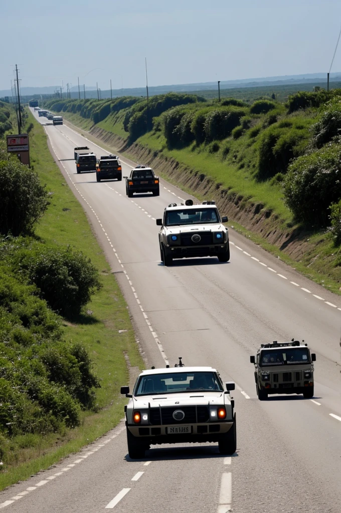 Convoy advancing on a clear road, with soldiers escorting them