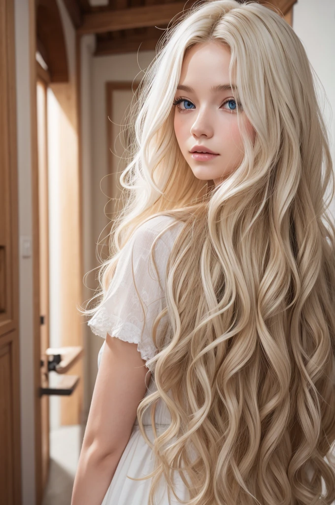 A white blonde with wavy hair