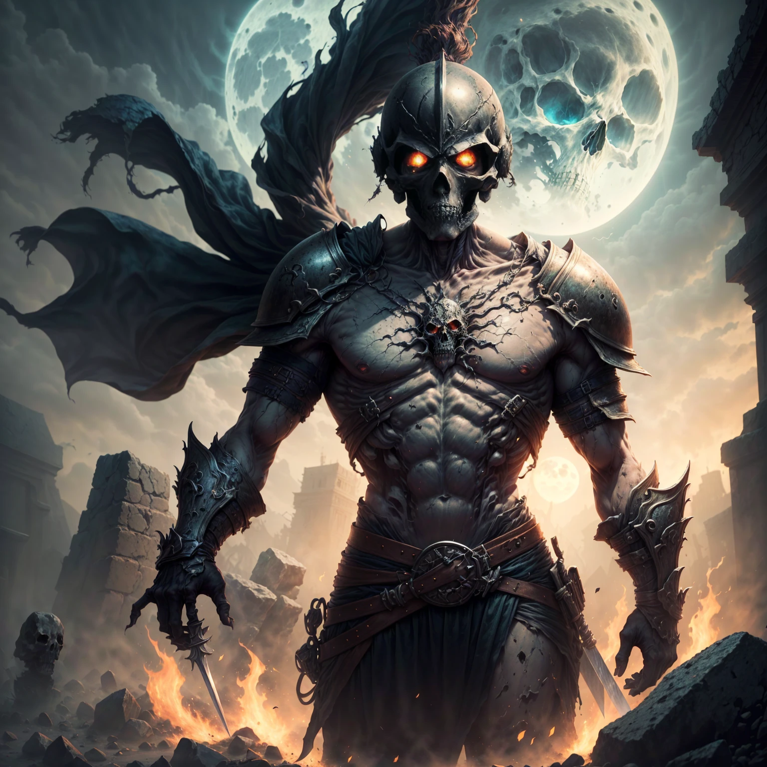 Best Image Quality, masterpiece, super high resolution,
BREAK
"Imagine a frightening scene, where a skeletal warrior stands on top of an ancient tomb., shrouded in the eerie glow of the full moon. Warrior dressed in ancient armor, rusted by time and battle-worn, With helmet, shining ominously in the moonlight. BREAK In one hand, warrior holding a terribly sharp sword, while the other hand is extended, as if beckoning you closer. Tomb under the skeleton richly decorated., with intricate carvings of snakes and skulls, engraved on stone. BREAK The air is thick with the scent of decay and ancient magic, as if the tomb itself is animated by a dark force. The skeletal warrior's eyes glow with an otherworldly light., and you can almost feel the weight of his gaze on you. BREAK In the background, the silhouette of a ghostly forest looms, with twisted trees and gnarled branches, reaching for the sky, Like skeletal fingers.. The tomb itself is located on a cliff overlooking the raging sea., waves crash against the rocks far below. BREAK This image captures the essence of dark fantasy and conjures up a sense of foreboding, as if the skeleton warrior is a harbinger of doom, stand guard over secrets, hidden in an ancient tomb."