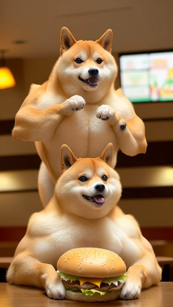 a professional photo of [(((buff Swoledoge))):buff Swoledoge:8], grinning, dog body, eating a large burger in a restaurant, cinematic dramatic light, smooth transition, bokeh