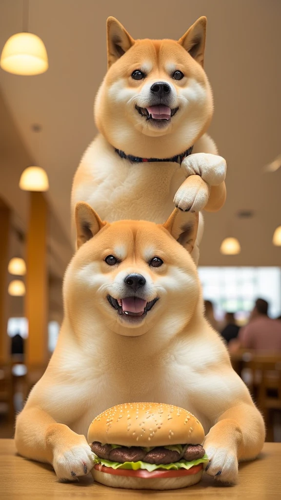 a professional photo of [(((buff Swoledoge))):buff Swoledoge:8], grinning, dog body, eating a large burger in a restaurant, cinematic dramatic light, smooth transition, bokeh