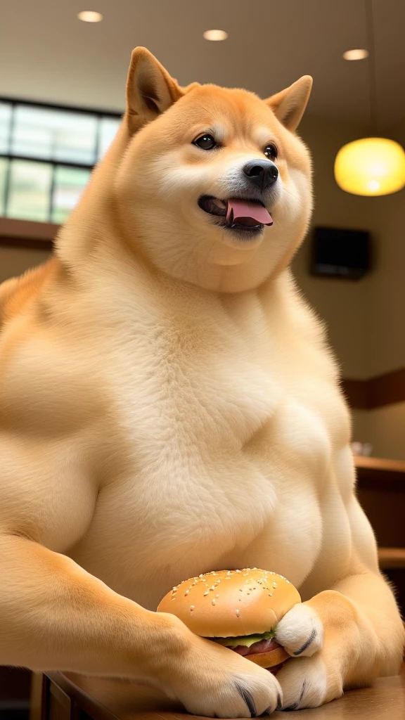 a professional photo of [(((buff Swoledoge))):buff Swoledoge:8], grinning, dog body, eating a large burger in a restaurant, cinematic dramatic light, smooth transition, bokeh