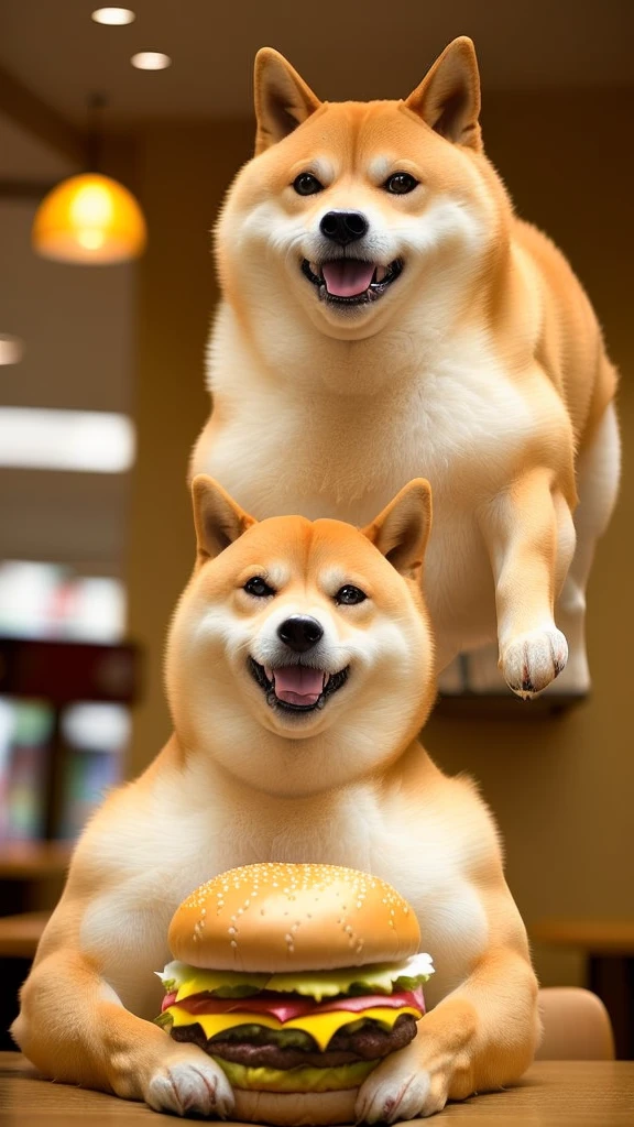 a professional photo of [(((buff Swoledoge))):buff Swoledoge:8], grinning, dog body, eating a large burger in a restaurant, cinematic dramatic light, smooth transition, bokeh