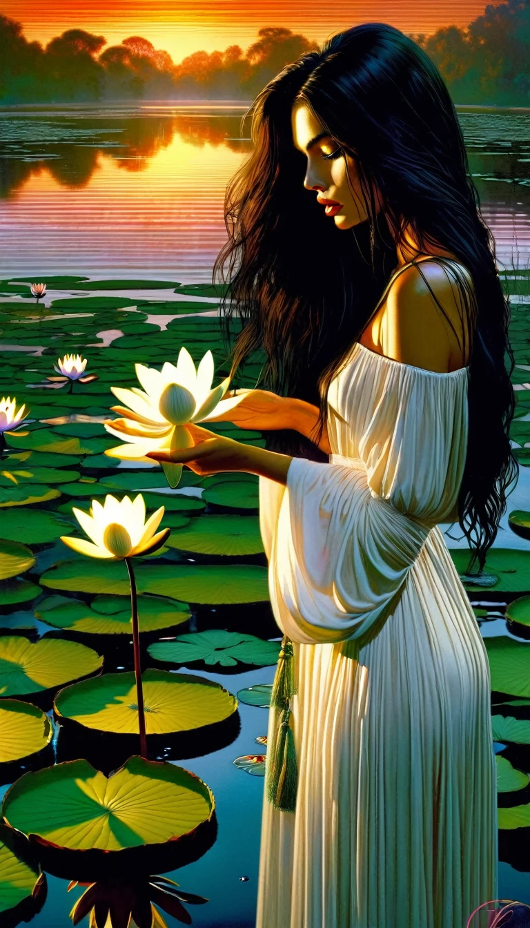 a beautiful woman with long black hair, a pet mouse, standing in a swamp with water lilies, wearing a wet white dress, smelling the flowers of a tree, sunset landscape, (best quality,4k,8k,highres,masterpiece:1.2),ultra-detailed,(realistic,photorealistic,photo-realistic:1.37),extremely detailed face and eyes,high quality portrait,realistic portrait,dramatic lighting,moody atmosphere,cinematic,intricate details,lush foliage,reflective water,warm color palette,glowing sunset (art inspired in Bill Sienkiewicz).