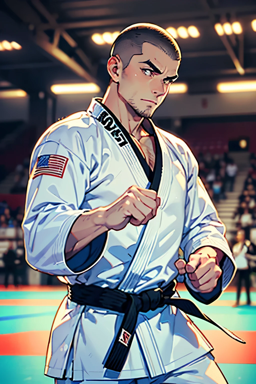 ((Gentlemanly man having a judo match２people))((Wearing a judo uniform))((Budokan))Hairy（((Muscular)))(((Short-haired))(((Buzz Cut)))((good looking))((２people))，，（Detailed eyes：1.3），Eyes are black，Esbian all over，