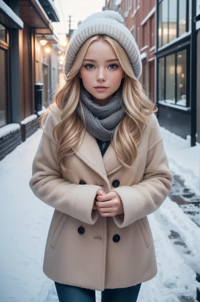 professional portrait photograph of a gorgeous Norwegian girl in winter clothing with long wavy blonde hair, sultry flirty look, gorgeous symmetrical face, cute natural makeup, wearing elegant warm winter fashion clothing, ((standing outside in snowy city street)), stunning modern urban environment, ultra realistic, concept art, elegant, highly detailed, intricate, sharp focus, depth of field, f/1. 8, 85mm, medium shot, mid shot, (((professionally color graded))), bright soft diffused light, (volumetric fog), trending on instagram, hdr 4k, 8k