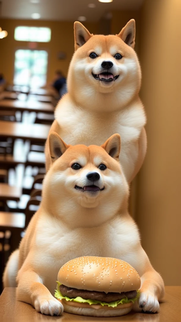 a professional photo of [(((buff Swoledoge))):buff Swoledoge:8], grinning, dog body, eating a large burger in a restaurant, cinematic dramatic light, smooth transition, bokeh