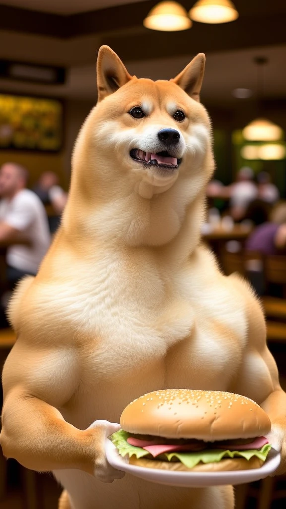 a professional photo of [(((buff Swoledoge))):buff Swoledoge:8], grinning, dog body, eating a large burger in a restaurant, cinematic dramatic light, smooth transition, bokeh