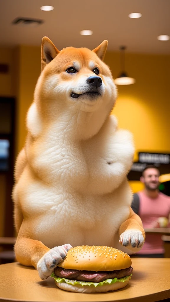 a professional photo of [(((buff Swoledoge))):buff Swoledoge:8], grinning, dog body, eating a large burger in a restaurant, cinematic dramatic light, smooth transition, bokeh