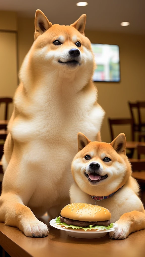 a professional photo of [(((buff Swoledoge))):buff Swoledoge:8], grinning, dog body, eating a large burger in a restaurant, cinematic dramatic light, smooth transition, bokeh