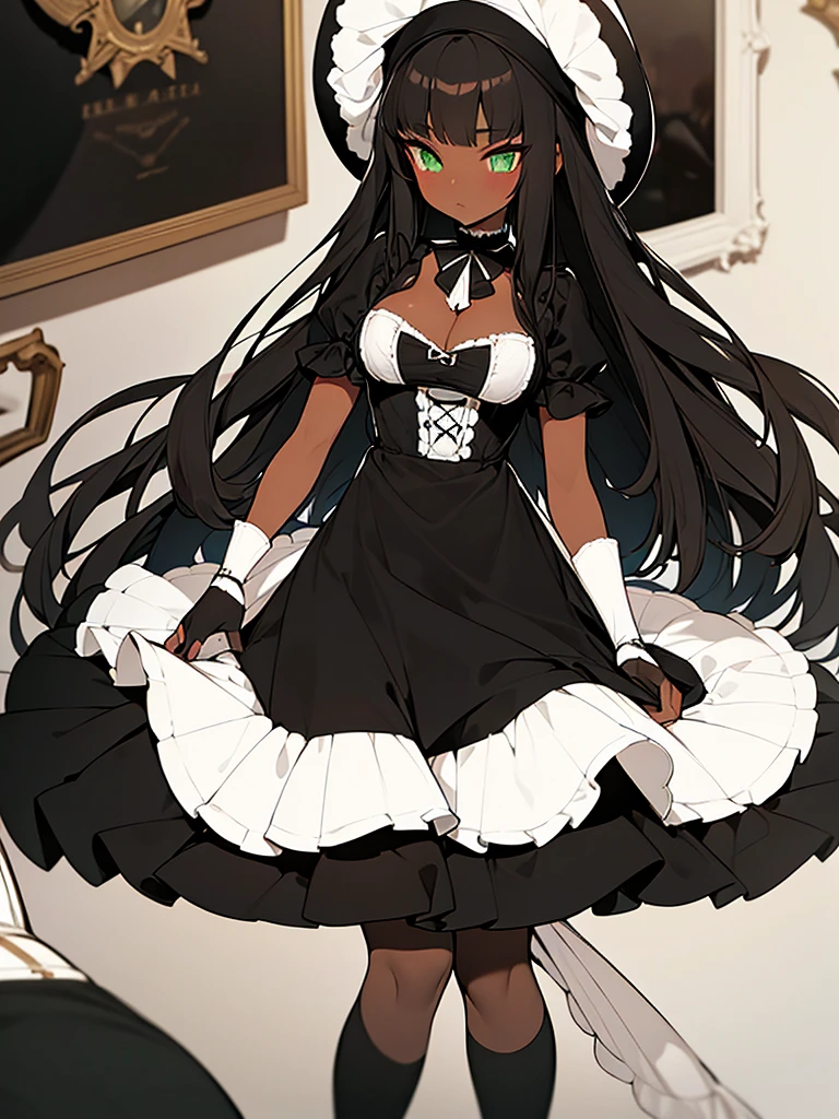 1doll girl, dark skin, doll body, doll details, long curly brown hair, black beret, doll makeup, green eyes, red lipstick, serious face, black and white victorian dress, long black stockings, white shoes, giant needle in the hand, big breasts, big ass, room background