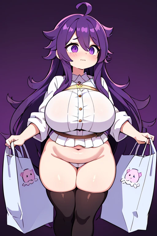 Cute naughty Artificer mother, Pastel colors hair, (overwhelmingly huge breasts:1.2, Thighs:1.2, thick legs:1.2, curvy:1.2, towering stature:1.6, massive fat thick unnatural belly, Plump), purple eyes, (hair over one eyes:1.3, ahoge, messy hair:1.2, tired hair:1.2, flipped hair, very long hair, bags under eyes:1.3), black hair, (purple hair:1.1), (blush:1.2, emberrased:1.2, quiet personality:1.2, scared:1.2, looking away, wavy mouth, shy), naked, hand over face