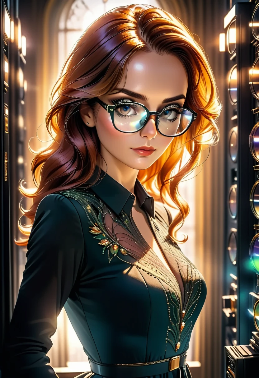 a facial portrait of a spy using glasses to take pictures working on a secret computer labratory, an elegant, exquisite beautiful female spy, dynamic hair color, dynamic hair style, (wearing elegant intricate details glasses: 1.3), dynamic color glasses, dynamic style glasses, ((digital information reflected in the glasses:1.6)), she wears an elegant, intricate detailed dress, silk dress , small cleavage, Vibrant, Ultra-high resolution, High Contrast, masterpiece:1.2, highest quality, Best aesthetics), best details, best quality, highres, ultra wide angle, 16k, [ultra detailed], masterpiece, best quality, (extremely detailed), Genetically modified..., Cinematic Hollywood Film, lens flare style