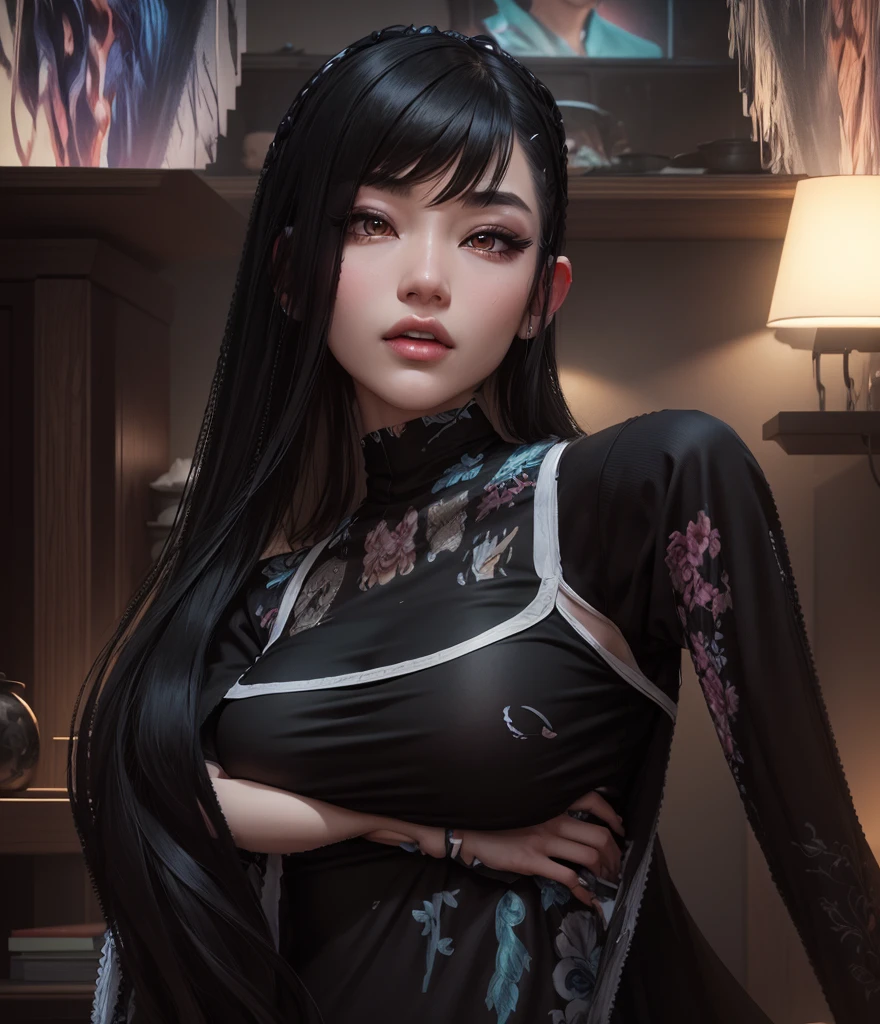 AVATAR SECOND LIFE Korean girl, short blouse, black blouse, Asian, long white hair,Perfect and detailed face, imvu, maximalist details, AVATAR SECOND LIFE Korean blusa , neon,