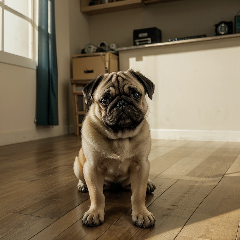 a pug sitting on its bottom on the floor in an empty, bright room. Funny, sloppy, impudent. The image skillfully emphasizes every detail. The attention to detail in this high-quality image transports the viewer into a cozy atmosphere.