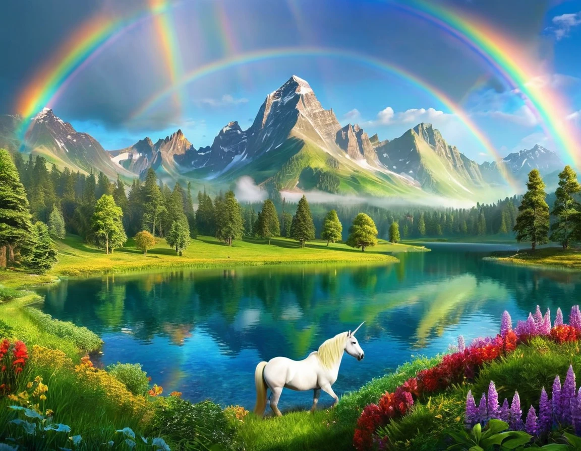 Create a stunning, photorealistic landscape image set in a magical land. This land should be adorned with serene lakes reflecting the vibrant colors of a double rainbow arching across the sky. Majestic mountains should rise in the distance, cloaked in mist. In the foreground, include graceful unicorns peacefully grazing, while exotic and fantastical animals roam freely, adding a sense of wonder to this enchanting world.