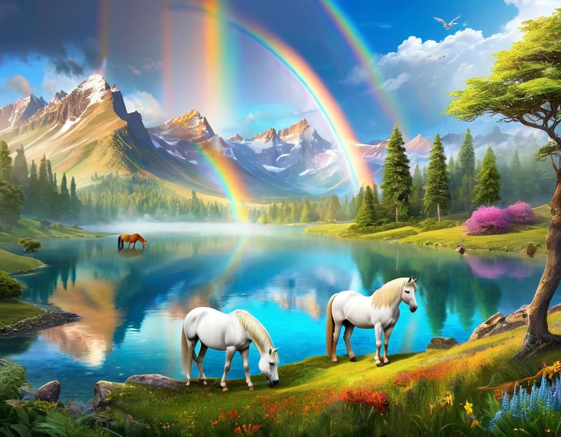Create a stunning, photorealistic landscape image set in a magical land. This land should be adorned with serene lakes reflecting the vibrant colors of a double rainbow arching across the sky. Majestic mountains should rise in the distance, cloaked in mist. In the foreground, include graceful unicorns peacefully grazing, while exotic and fantastical animals roam freely, adding a sense of wonder to this enchanting world.